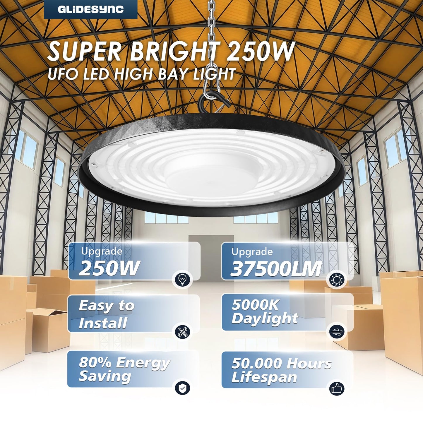 Glidesync 20 Pack UFO LED High Bay Lights 250W,37,500LM Super Bright 5000K IP65 Waterproof High Bay Led Lights & UFO Lights with US Plug for Garage/Warehouse/Workshop/Gym