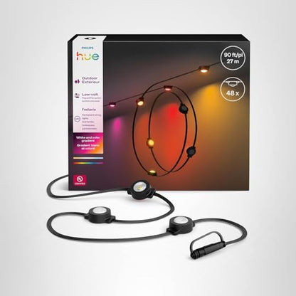 Philips Hue Festavia 90ft Permanent Outdoor String Lights, 48 Dimmable Lights, 55 Lumens Each, Weatherproof, Water-Resistant, Black Wire, Color Ambience, Bridge Required