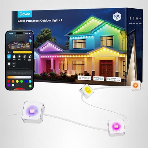Govee Permanent Outdoor Lights 2, 100ft RGBIC Outdoor Lights with 16 Million Colors and 100 Scene Modes, IP67 Waterproof, Holiday & Party Decorations, Works with Alexa, Google Assistant, White