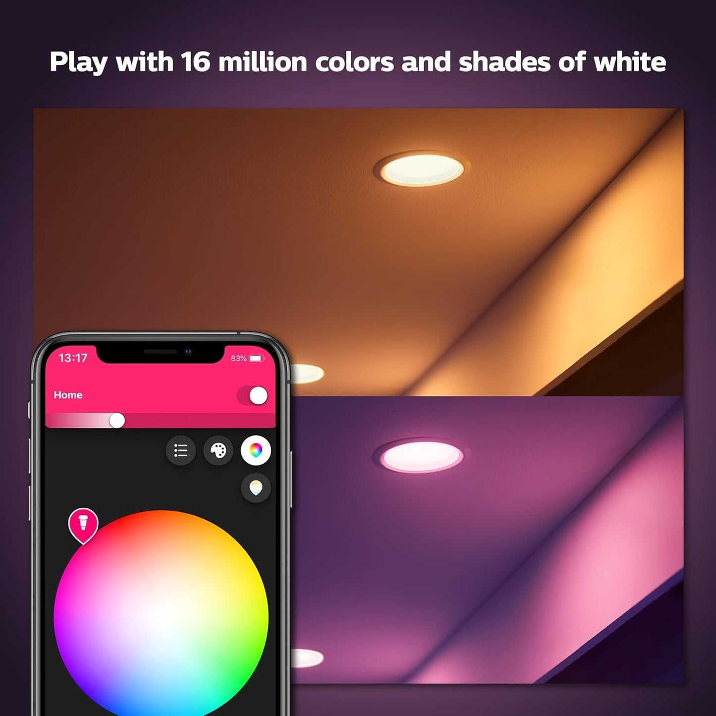 Philips Hue Smart Retrofit Recessed 5/6 Inch LED Downlight 4 Pack, White and Color Ambiance Color-Changing Light, 1100LM, Control with Hue App, Works with Alexa, Google Assistant and Apple HomeKit