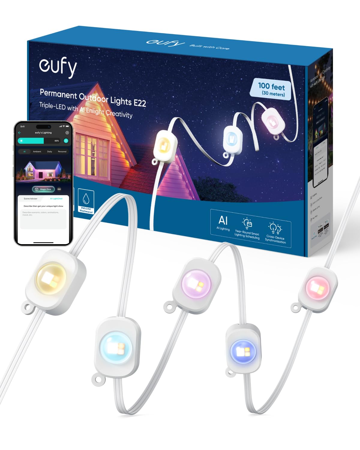 eufy Permanent Outdoor Lights E22, 100ft with 60 Triple-LED Lights, Smart RGBWW for Christmas, Daily and Holiday, Up to IP67 Waterproof, AI Light Themes for Christmas Decorations, Works with eufy Cams