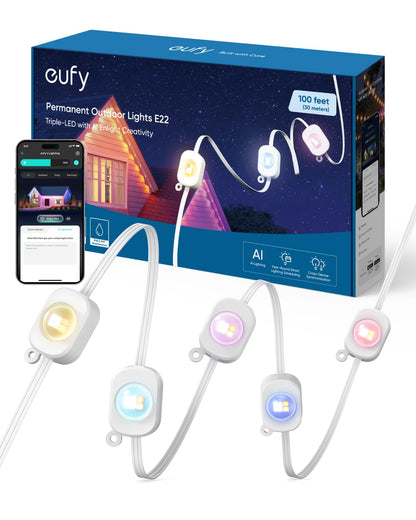 eufy Permanent Outdoor Lights E22, 100ft with 60 Triple-LED Lights, Smart RGBWW for Christmas, Daily and Holiday, Up to IP67 Waterproof, AI Light Themes for Christmas Decorations, Works with eufy Cams