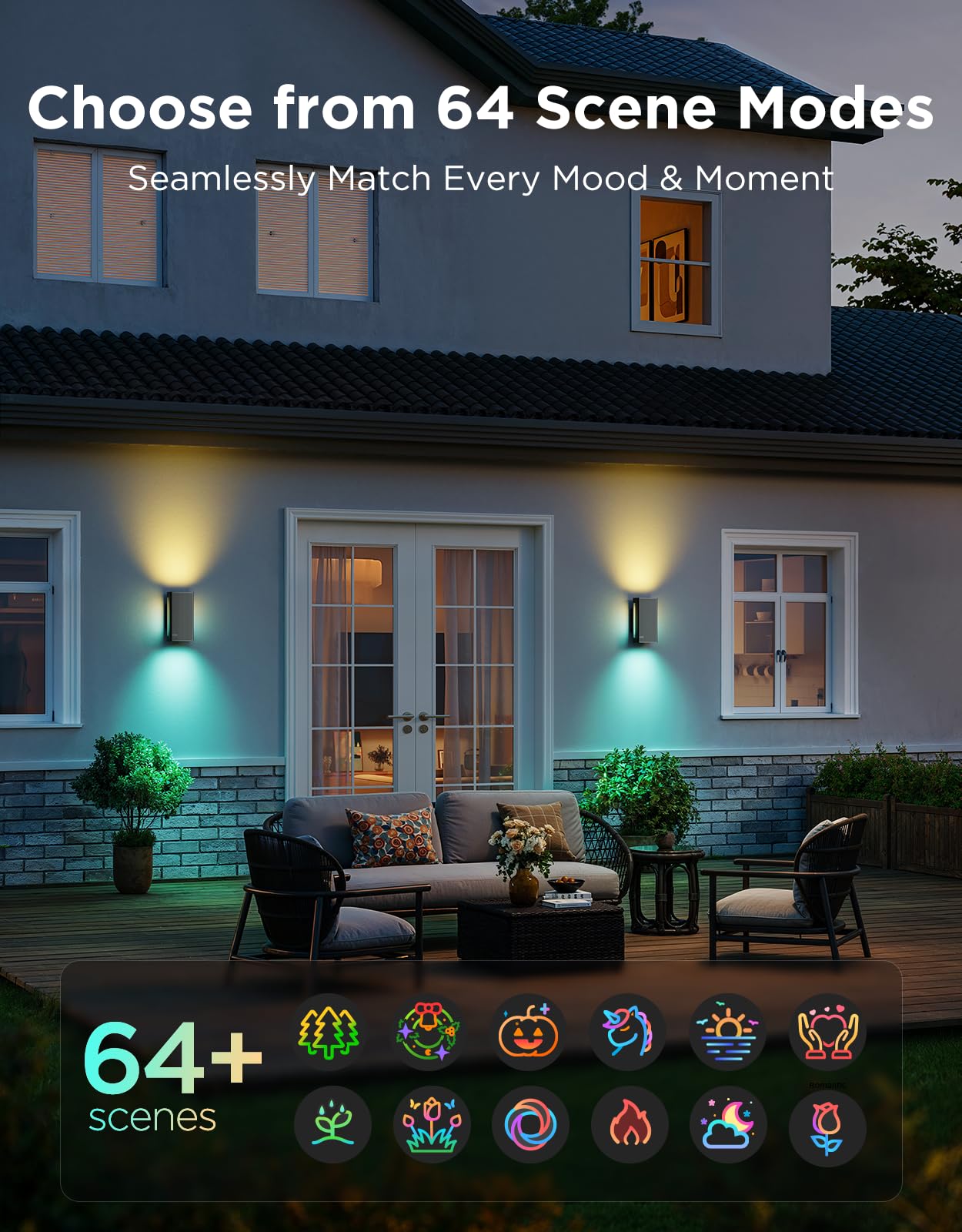 Govee Outdoor UpDown Wall Light, 2 Pack, 1200LM RGBICWW Smart Porch Lights Outdoor with 64 Scene Modes, IP66 Waterproof Wall Sconce for Outdoor Decor, Works with Alexa, Google Assistant and Matter
