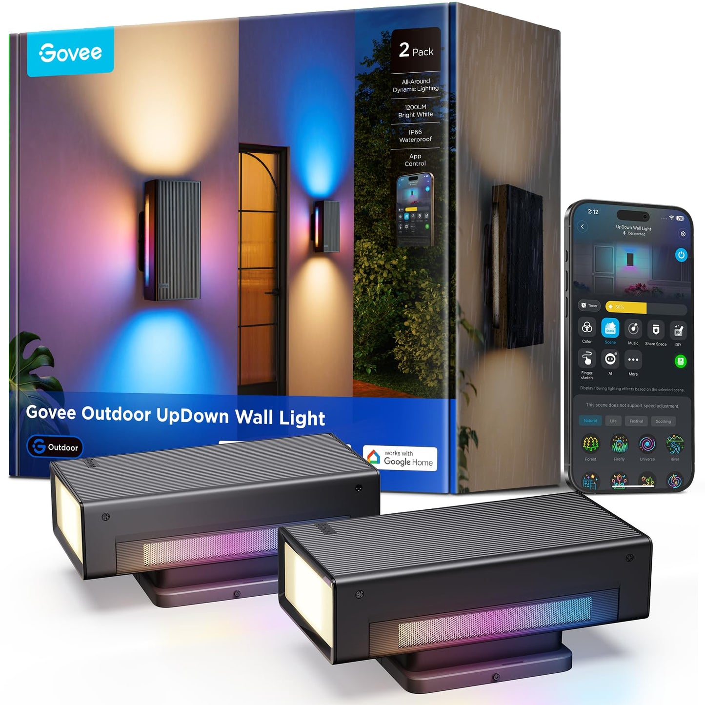 Govee Outdoor UpDown Wall Light, 2 Pack, 1200LM RGBICWW Smart Porch Lights Outdoor with 64 Scene Modes, IP66 Waterproof Wall Sconce for Outdoor Decor, Works with Alexa, Google Assistant and Matter