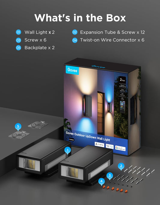 Govee Outdoor UpDown Wall Light, 2 Pack, 1200LM RGBICWW Smart Porch Lights Outdoor with 64 Scene Modes, IP66 Waterproof Wall Sconce for Outdoor Decor, Works with Alexa, Google Assistant and Matter
