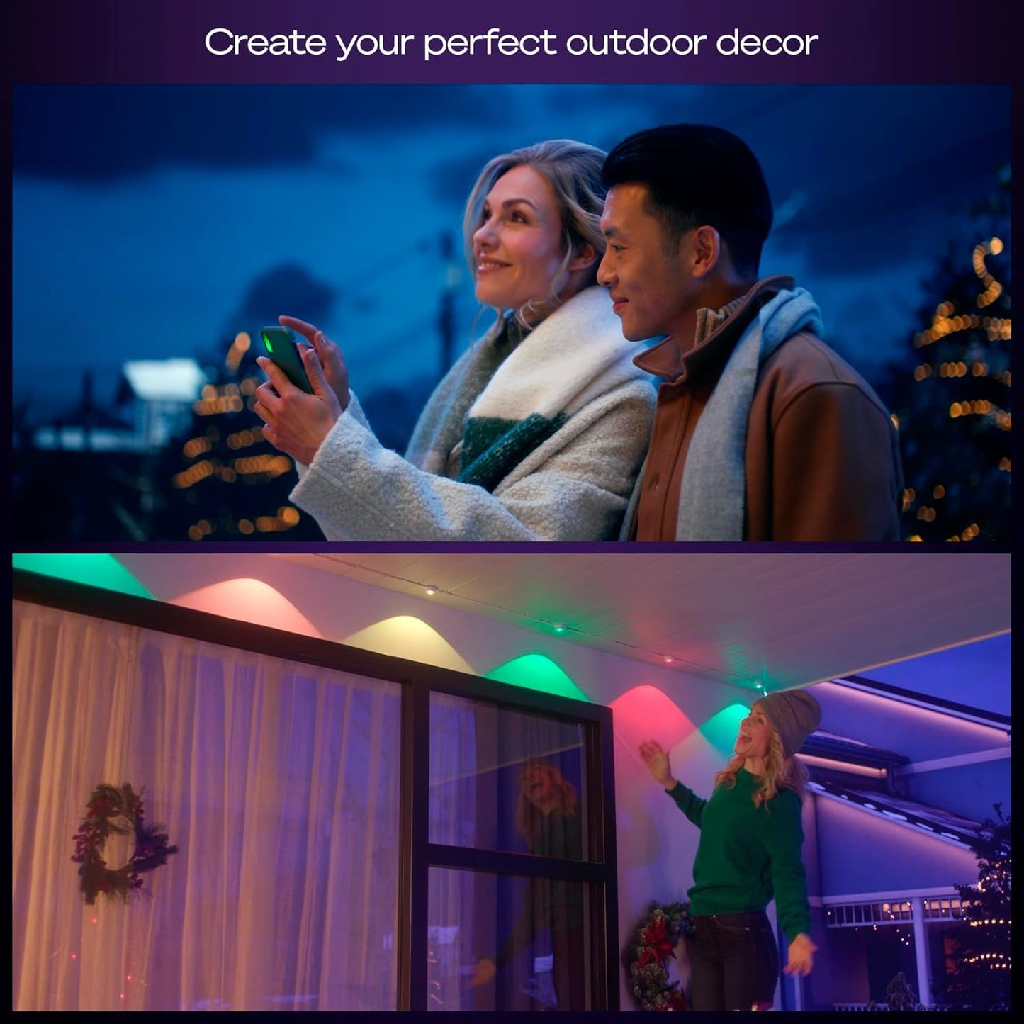 Philips Hue Festavia 90ft Permanent Outdoor String Lights, 48 Dimmable Lights, 55 Lumens Each, Weatherproof, Water-Resistant, Black Wire, Color Ambience, Bridge Required