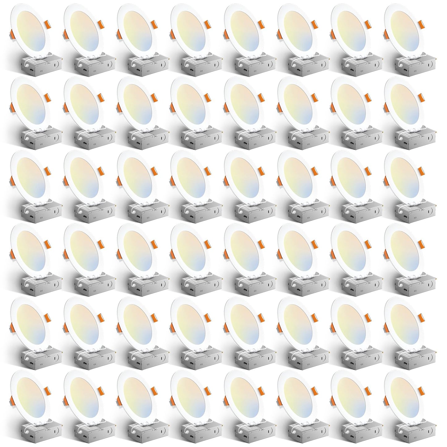 Amico 48 Pack 6 Inch 5CCT Ultra-Thin LED Recessed Light with Junction Box, 2700K/3000K/3500K/4000K/5000K Selectable, 12W Eqv 110W 1050LM Brightness Dimmable Canless Wafer Downlight, ETL & FCC