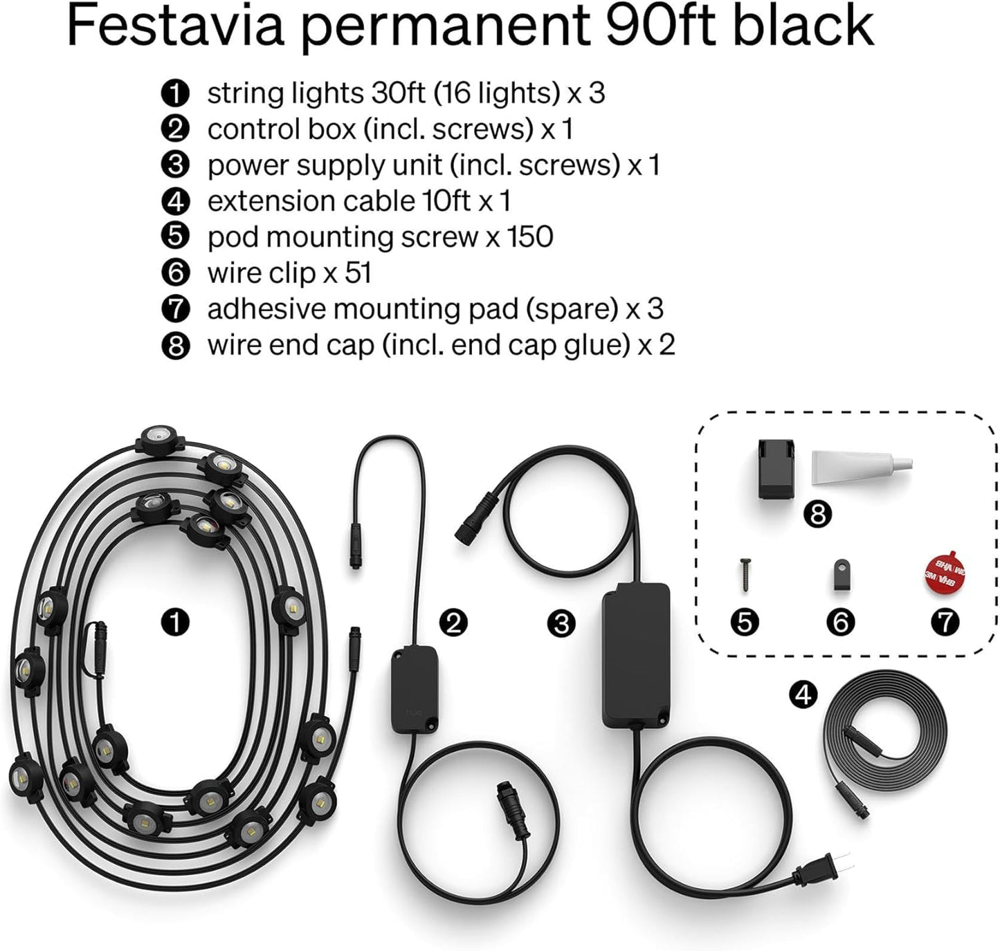 Philips Hue Festavia 90ft Permanent Outdoor String Lights, 48 Dimmable Lights, 55 Lumens Each, Weatherproof, Water-Resistant, Black Wire, Color Ambience, Bridge Required