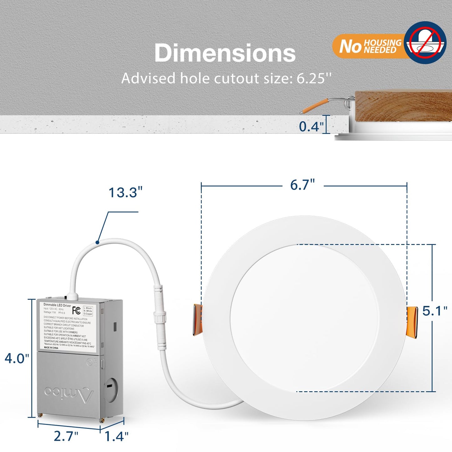 Amico 48 Pack 6 Inch 5CCT Ultra-Thin LED Recessed Light with Junction Box, 2700K/3000K/3500K/4000K/5000K Selectable, 12W Eqv 110W 1050LM Brightness Dimmable Canless Wafer Downlight, ETL & FCC
