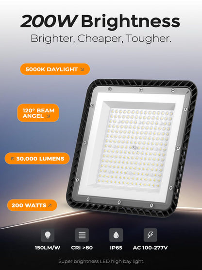 Super Bright 200W UFO LED High Bay Lights, 30000LM High Bay LED Shop Lights, 5000K UFO High Bay Lighting for Warehouse Workshop Factory Gym, IP65 Waterproof Shop Lights, 120V-277V Garage Light(6 Pack)