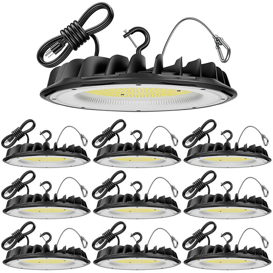 hunhun 10 Pack 250W UFO LED High Bay Lights 37,500lm 5000K Commercial Bay Lights 5' Cable with Plug AC110-277V Waterproof Shop Lights for Workshop Garage Factory Warehouse Barn ETL Listed