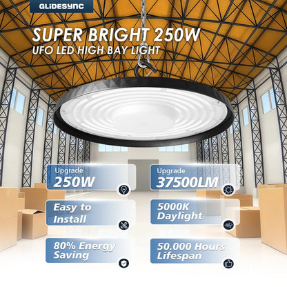 Glidesync 20 Pack UFO LED High Bay Lights 250W,37,500LM Super Bright 5000K IP65 Waterproof High Bay Led Lights & UFO Lights with US Plug for Garage/Warehouse/Workshop/Gym