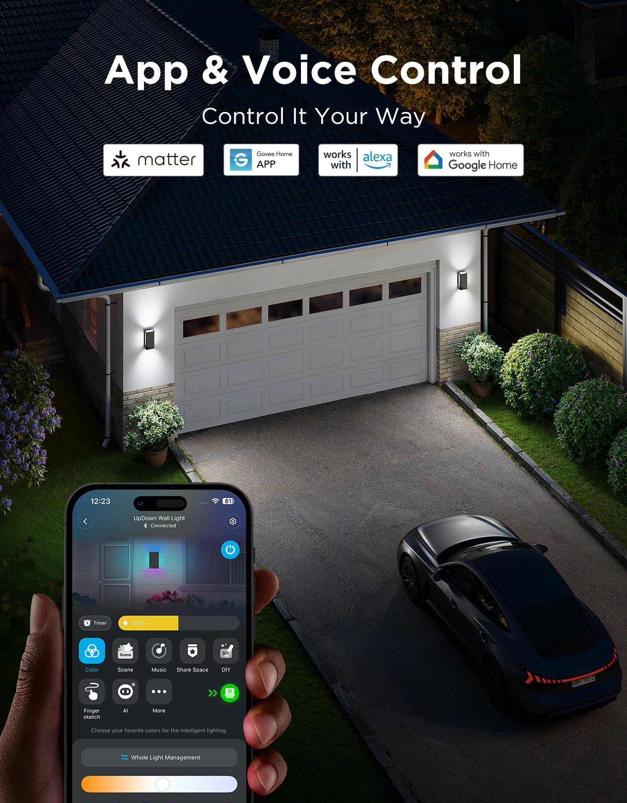 Govee Outdoor UpDown Wall Light, 2 Pack, 1200LM RGBICWW Smart Porch Lights Outdoor with 64 Scene Modes, IP66 Waterproof Wall Sconce for Outdoor Decor, Works with Alexa, Google Assistant and Matter